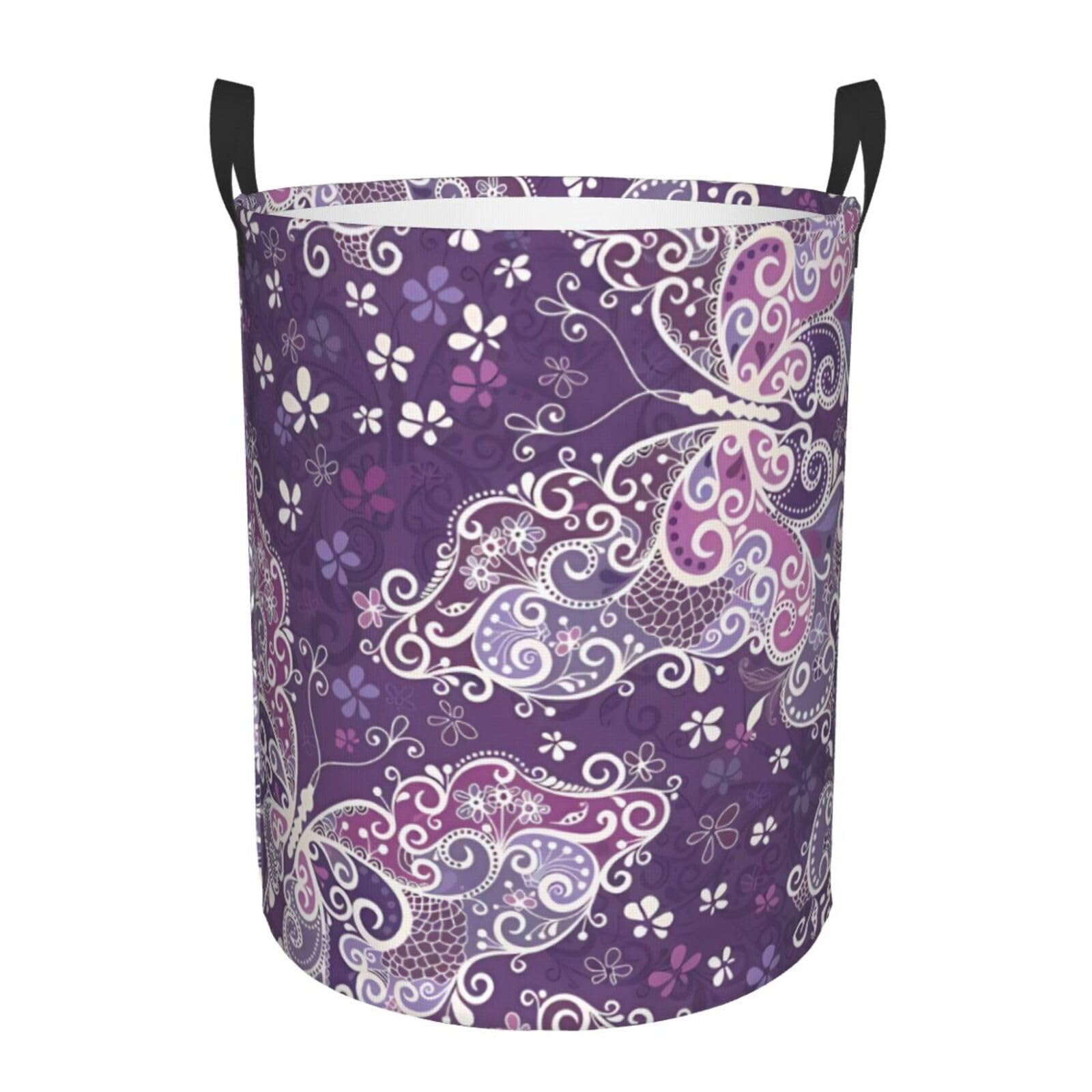 M Circular Hamper – Collapsible Purple Butterflies Print Laundry Basket