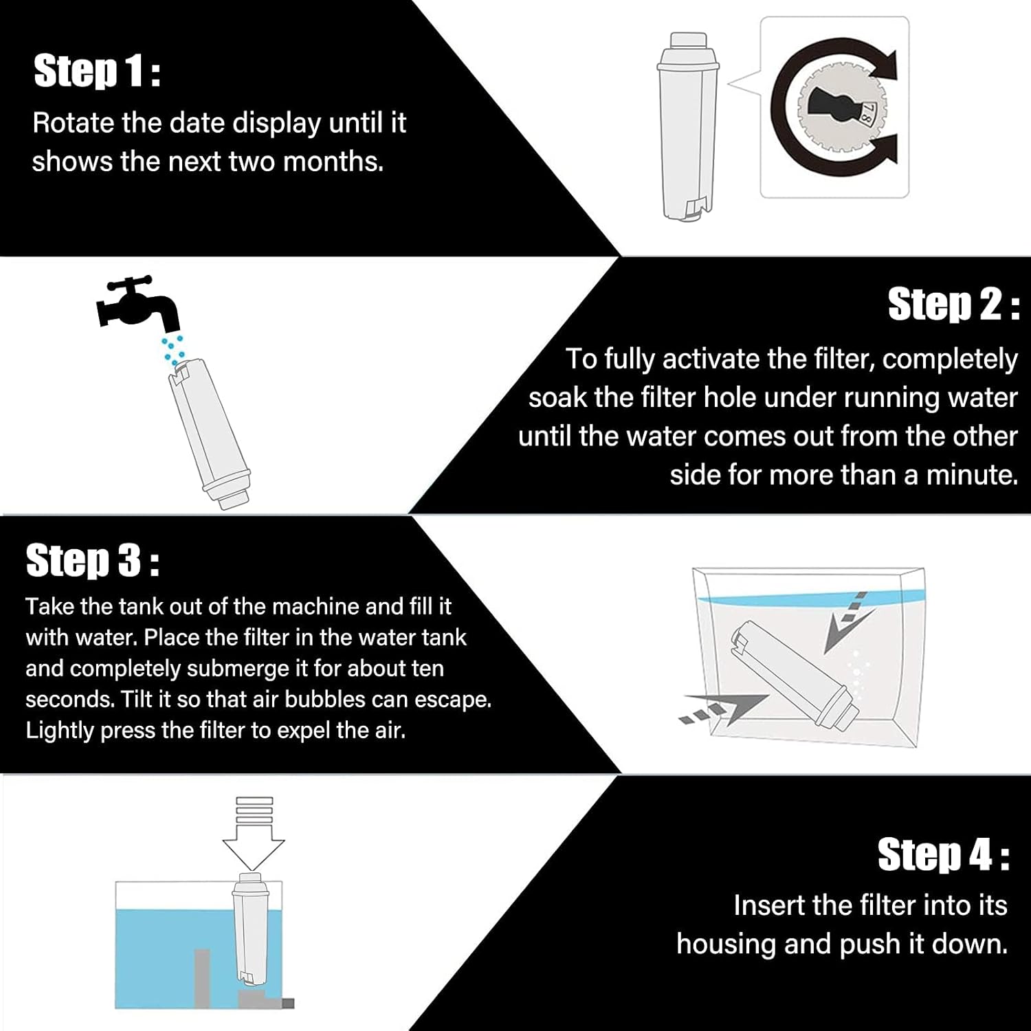 Four-step diagram illustrating water filter installation