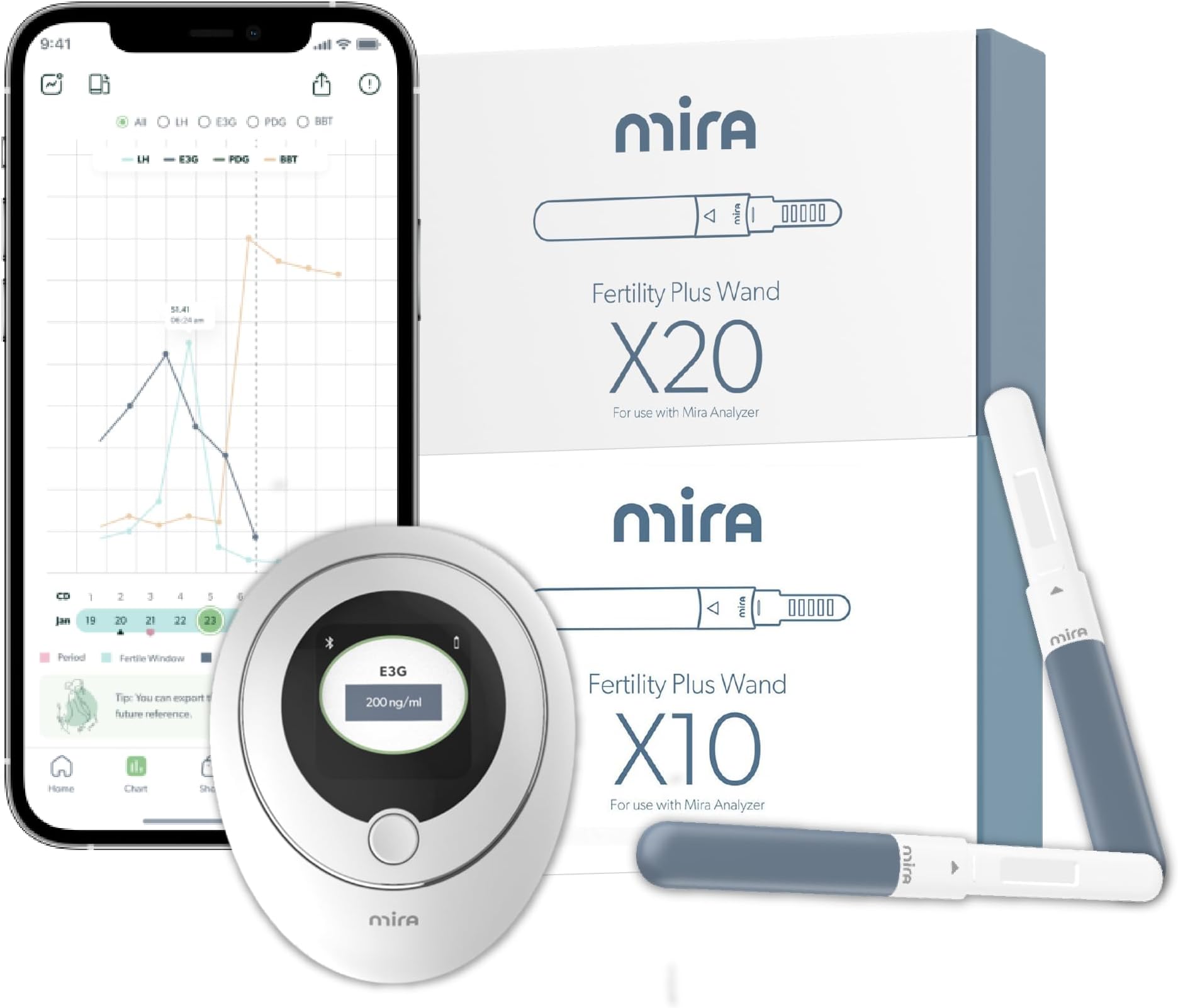 Mira Fertility Plus Tracking Monitor Kit and 30 Mira Fertility Plus E3G + LH Test Wands Bundle for Home Testing