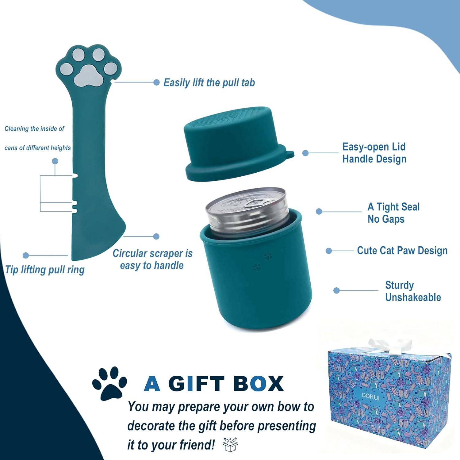 Original Canned Dog Food Storage Container & One Can Spoon | Silicone Can Cover Pet Food Sealer & Cute Paw Shape Opener Spatula | BPA Free, Airtight, Dishwasher & Freezer Safe (Dark Blue+Blue)