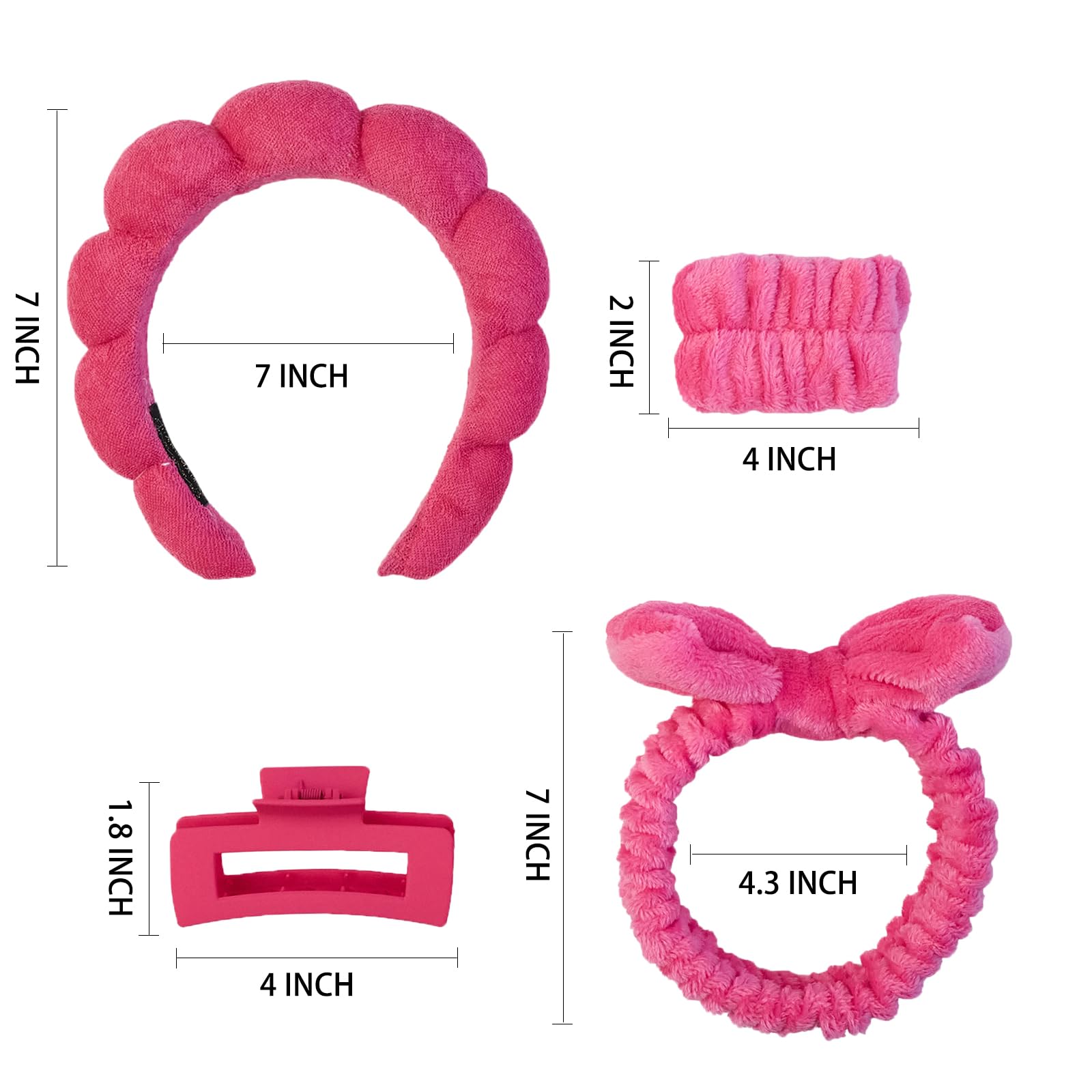 Juego de 7 piezas de spa, diadema facial y pulsera, accesorios para el cuidado de la piel, regalos de estilo universitario, accesorios para el cabello para mujeres y niñas (rosa intenso)
