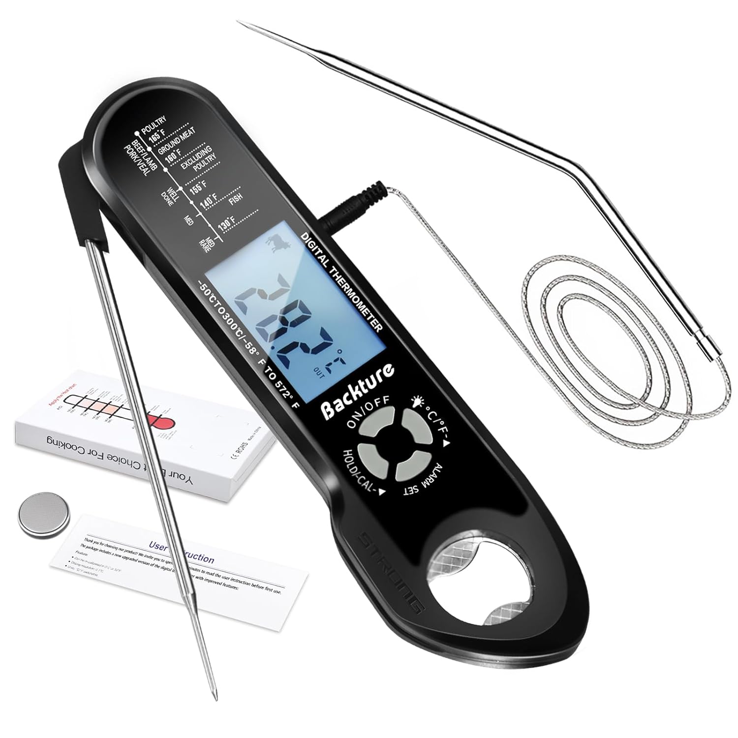 Wire Digital Meat Thermometer, Instant Read, Long Wire Range, Alarm, Backlit, High-Temp-Resist Food Thermometer, Kitchen Gadgets, Grilling BBQ Accessories for Smoker, Cooking, Oven, Rotisserie, Black