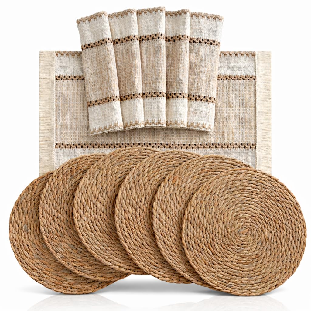 Manteles Individuales y Salvamanteles, Set de 12 Piezas, 6 Manteles Individuales 50 x 29 cm + 6 Salvamanteles Redondos 30 cm de Diámetro, Fibra Natural para Mesa de Comedor, Terraza y Jardín