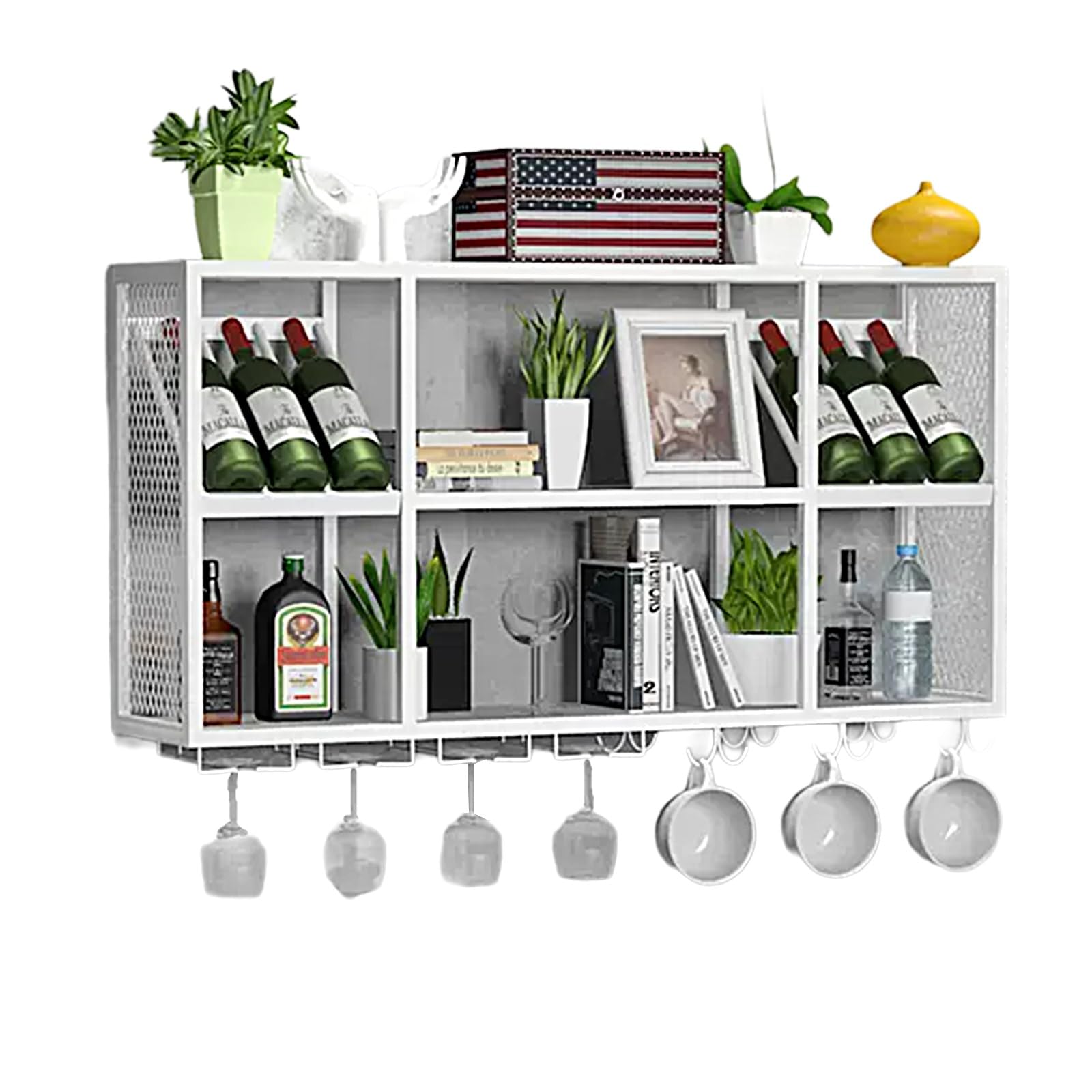 Botellero Pared Vino Botellero de Hierro, Botellero Lacado Simple Multifuncional, Botellero Vino Metal con Portavasos Colgante para Cocina Hogar Bar(White,120 * 25 * 60cm)