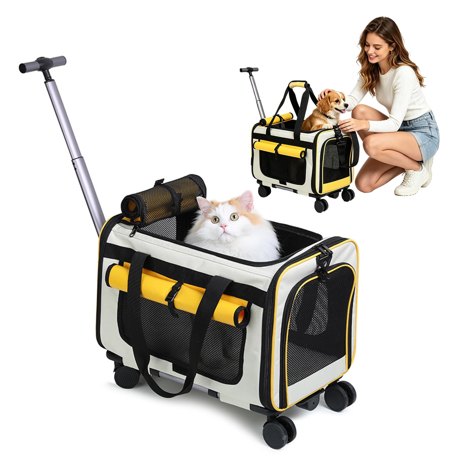 PETCUTE Cat Carrier on wheels, Soft-Sided Dog Carrier with Inner Safety Leash, Breathable Pet Carriers for Small-Medium Cats Puppies up to 5KG,Collapsible Travel Bag,Airline Approved,Yellow