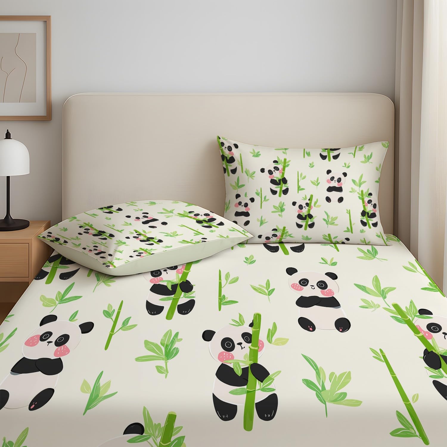 Cartoon Panda Spannbetttuch Süß Großer Panda Tiere Bambuswald Spannbettlaken 200 x 200 x 30 cm 3teilig Mikrofaser Bettwäsche Set mit 2 Kissenbezüge 80 x 80 cm Kein Flachbettlaken