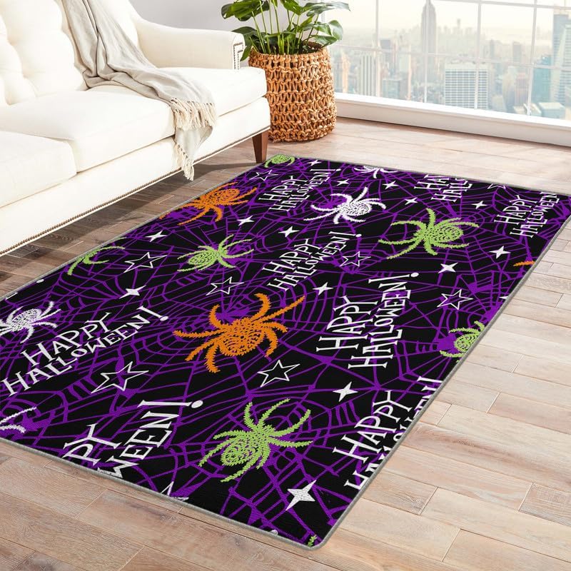 Alfombras de araña para dormitorio, sala de estar, alfombra de tela de araña de Halloween de 3 x 5 pies, lavable, antideslizante, suave, alfombra de