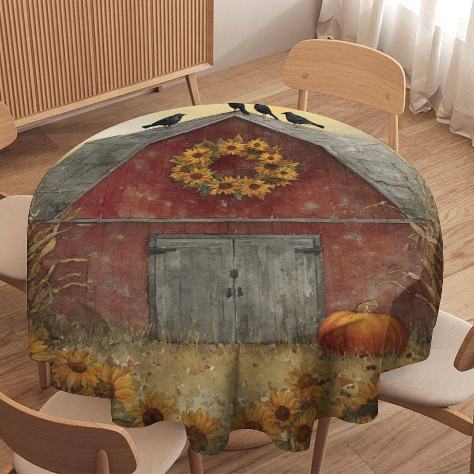 LUYYSKY Vintage Western Farm Log Cabin Waterproof Round Tablecloth Colorful Modern Autumn Sunset Barn Sunflowers Animals Crow Washable Table Cover for Kitchen-177.8" Wx177.8 L cm