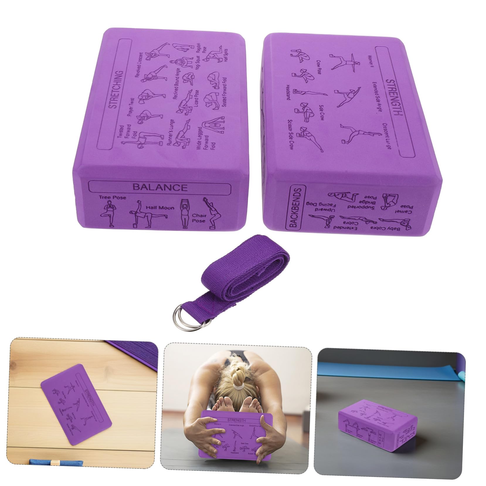 WOONEKY Bloques de Yoga de Espuma Eva de Alta Densidad y Peso Ligero con Correa para Ejercicios de Estiramiento y Entrenamiento de Equilibrio en Rutinas de Fitness