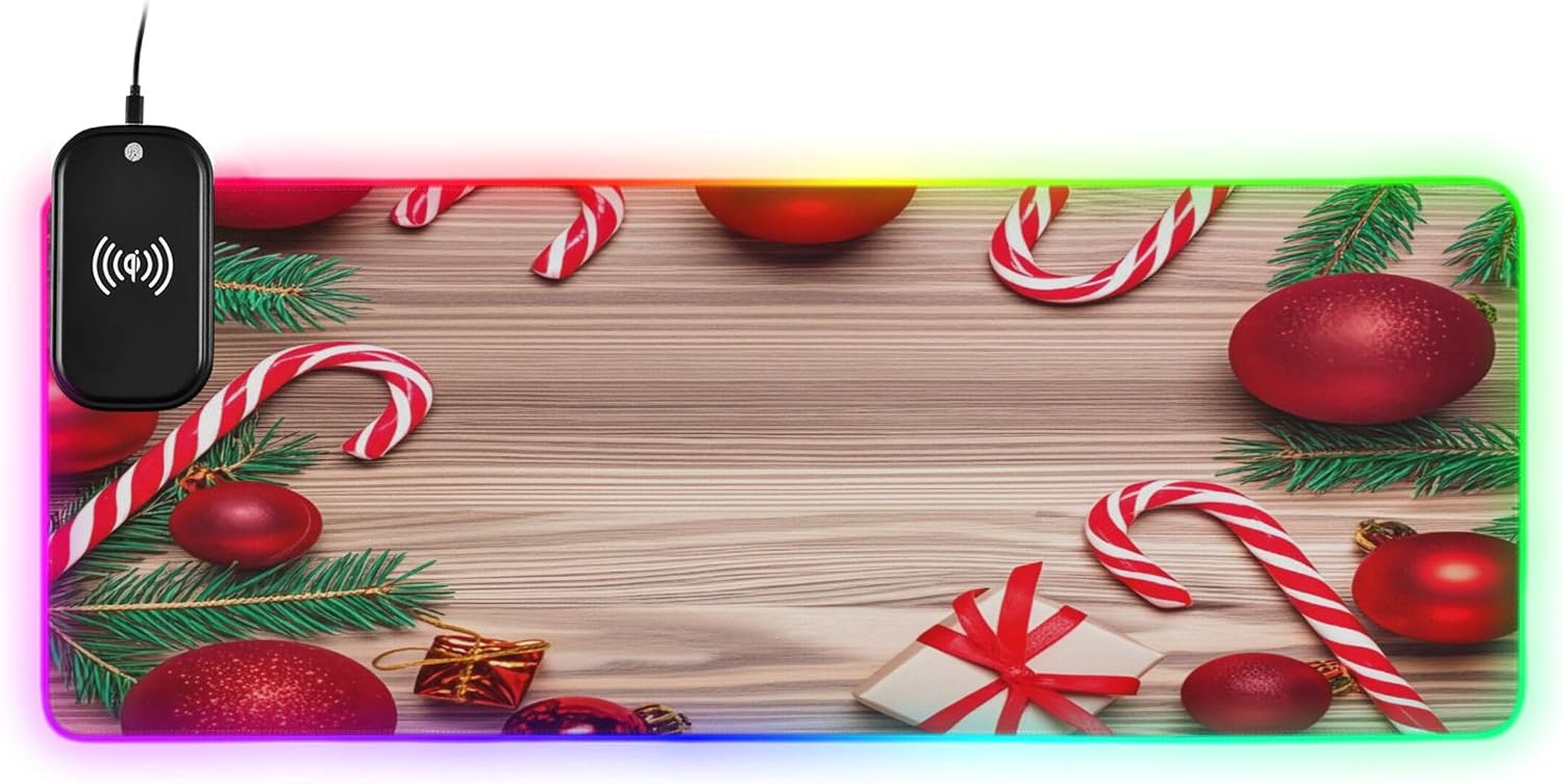 15W Wireless Charging Mouse Pad for Desk Christmas Ornaments Wood RGB Gaming Mouse Pad Mat with 14 Light Modes & Non-Slip Rubber Base Smooth Surface for Gaming PC Laptop