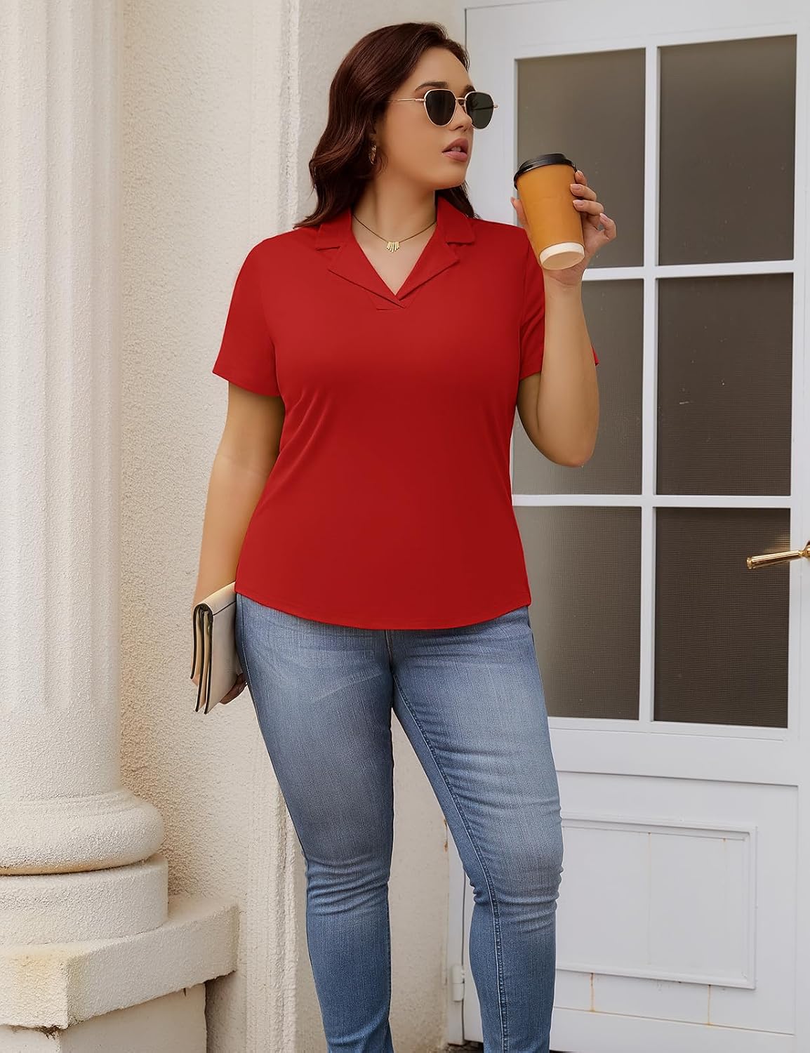 Plus Size Tops Women Polo Shirt Collared V Neck Short Sleeve Shirts