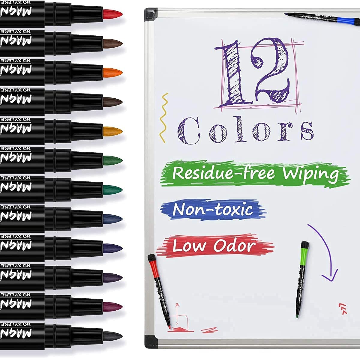 HASTHIP® White Board Marker, 12 Colors Magnetic Whiteboard Markers with Eraser Cap, Low Odor Magnetic Dry Erase Markers Fine Point Tip for Kids & Teachers, Home, Office and School Supplies - Image 4 thumbnail