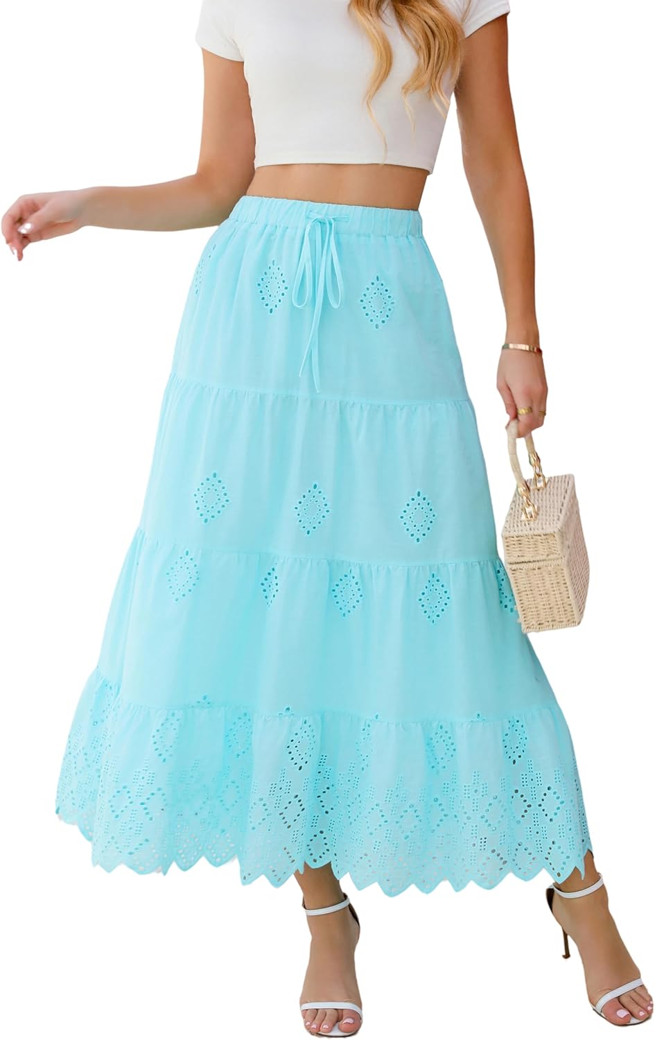 Love Welove Fashion Women’s Summer Boho Cotton Embroidered Tiered Maxi Skirt Elastic High Waist A-Line Long Beach Dress