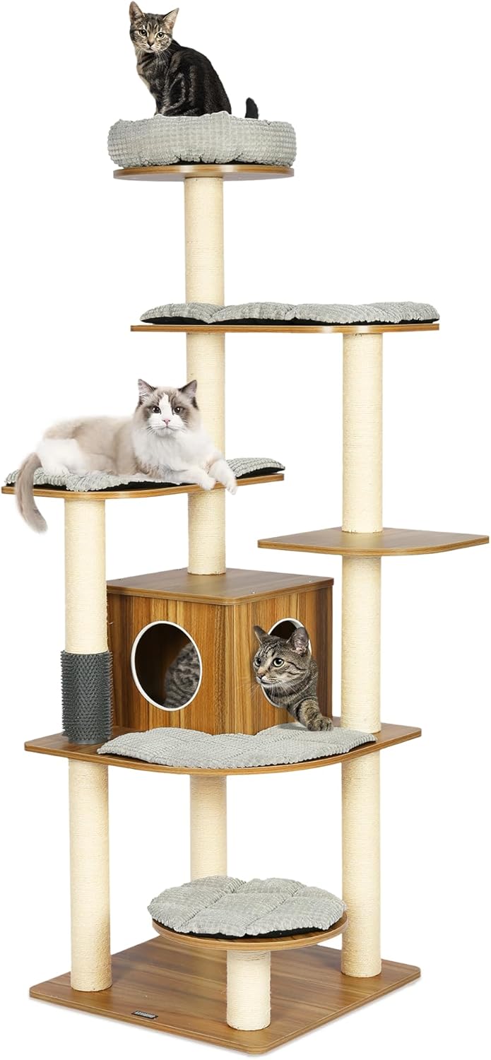 KAMABOKO 69”H Tall Wood Cat Tree, Large Cat Tower Multi-Level Platforms with Sisal Scratching Posts, Cat Condo for Large Cats 20 lbs Heavy Duty (69” H Wood Brown)