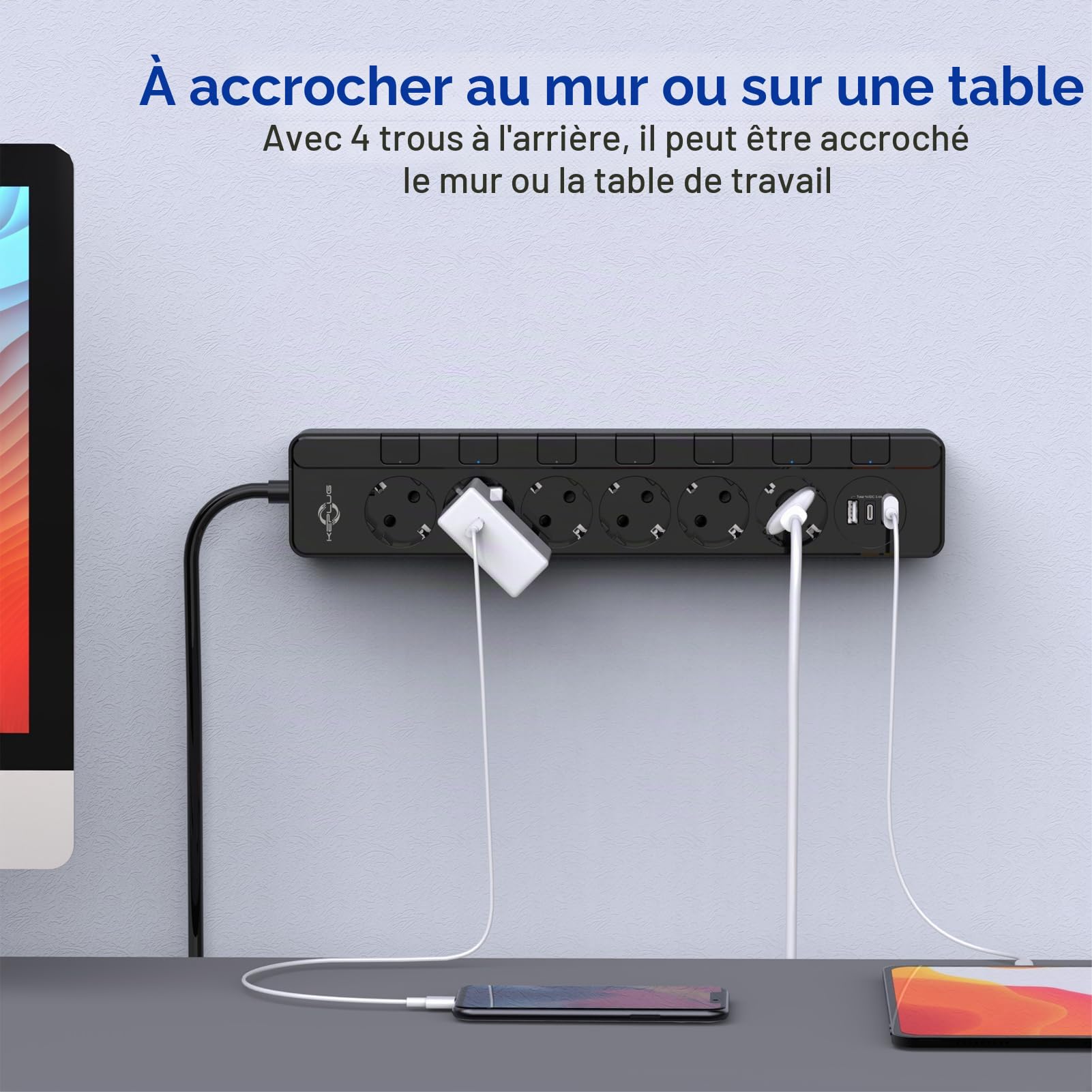 Multiprise Electrique (4000W/16A), KEPLUG Prise Multiple avec Interrupteurs Individuels a 6 Prises et 3 Ports USB (2.4A), Multiprise Parafoudre 500J avec 2M Cordon pour Maison Bureau