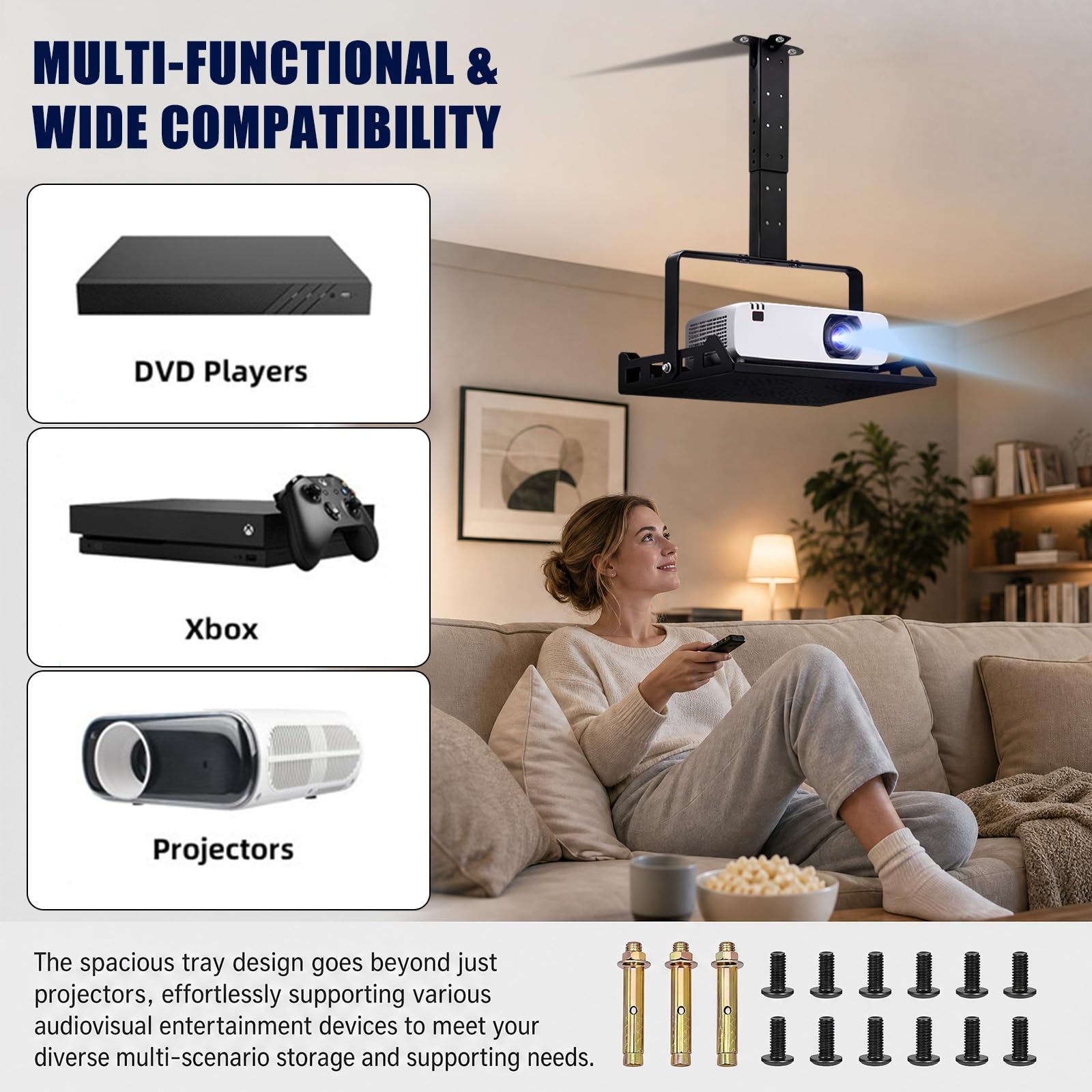 CEWROM Supporto da soffitto per proiettore, per home theatre e ufficio | Supporto per proiettore regolabile in altezza, supporto universale da parete, guida per cavi nascosta, portata fino a 10 kg