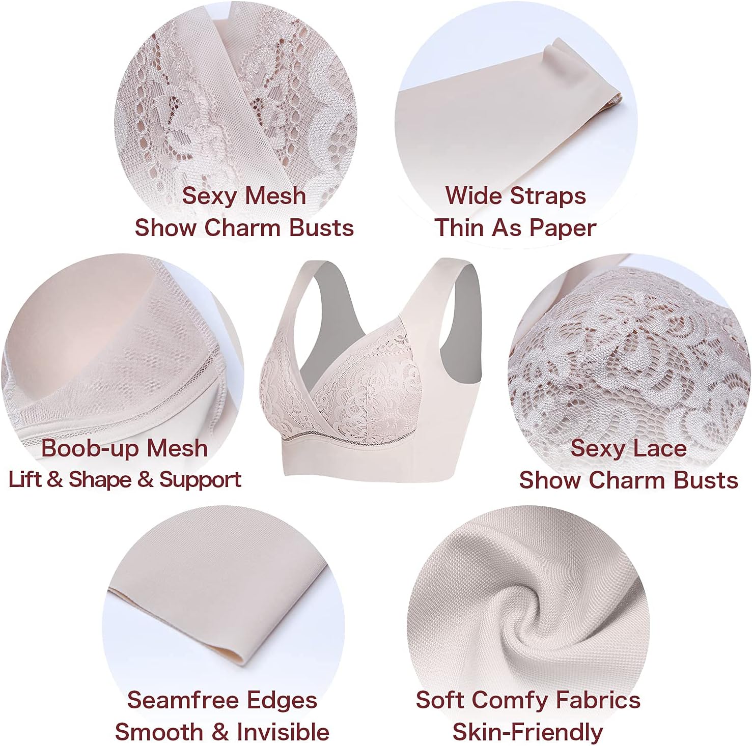 WOWENY Seamless Support Bralettes for Women No Underwire Lace Bra Padded Lift Push Up Back Smoothing Bras - Image 5