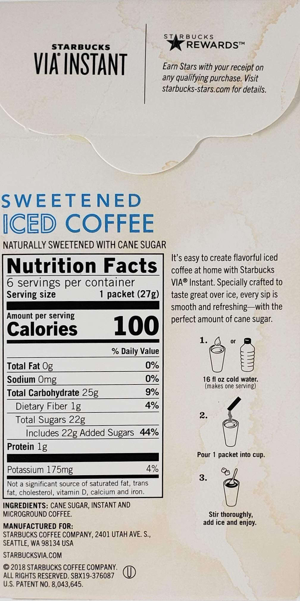 Starbucks Via Instant Coffee Sweetened Iced Coffee Pack of 3 Boxes 18 Packets Total 6