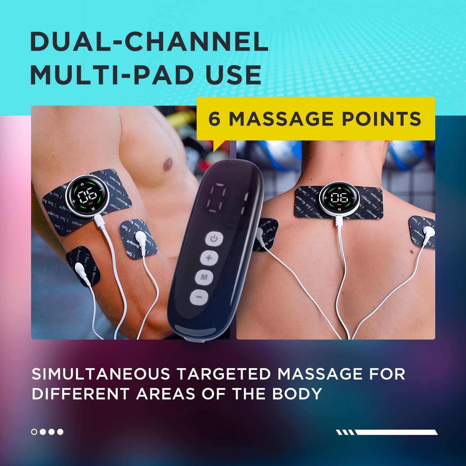 Image showing the TENS unit applied to a person's arm and back, demonstrating dual-channel multi-pad use with 6 massage points.