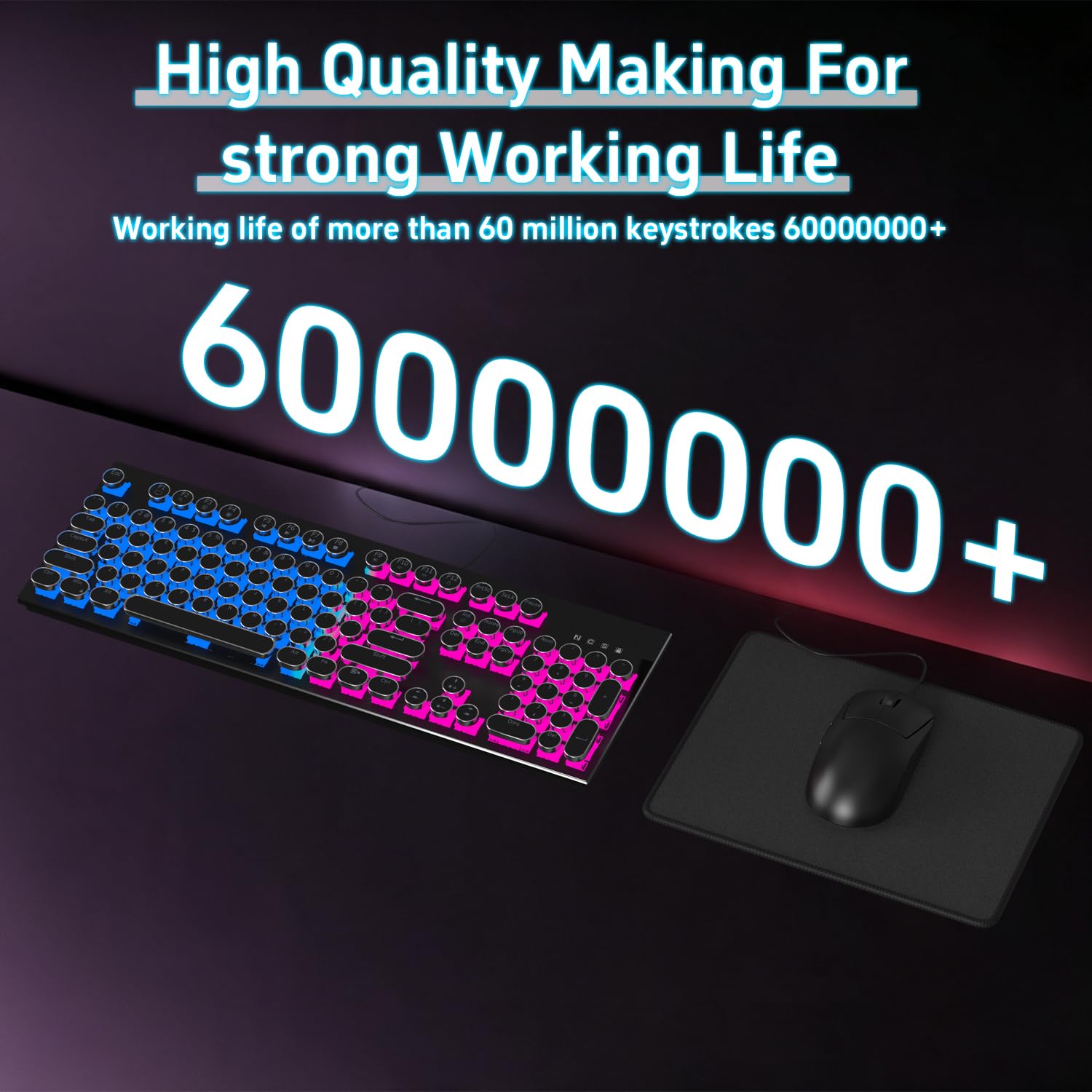 Ensemble de clavier de jeu mécanique punk bleu – Clavier USB filaire avec commutateurs bleus à clic, touches ABS, rétroéclairage RVB de couleurs mélangées avec souris et tapis de souris