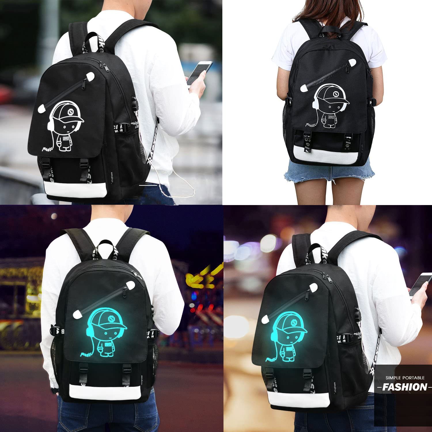 Zaino Scuola Con USB Luminoso - Zaino Per Laptop 15 Pollici, Tela Oxford Impermeabile Nero - Foto 8