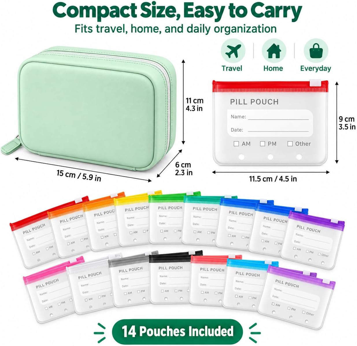 A8 Pill Organizer Bag, 14 Removable AM PM Pill Pouches for Travel