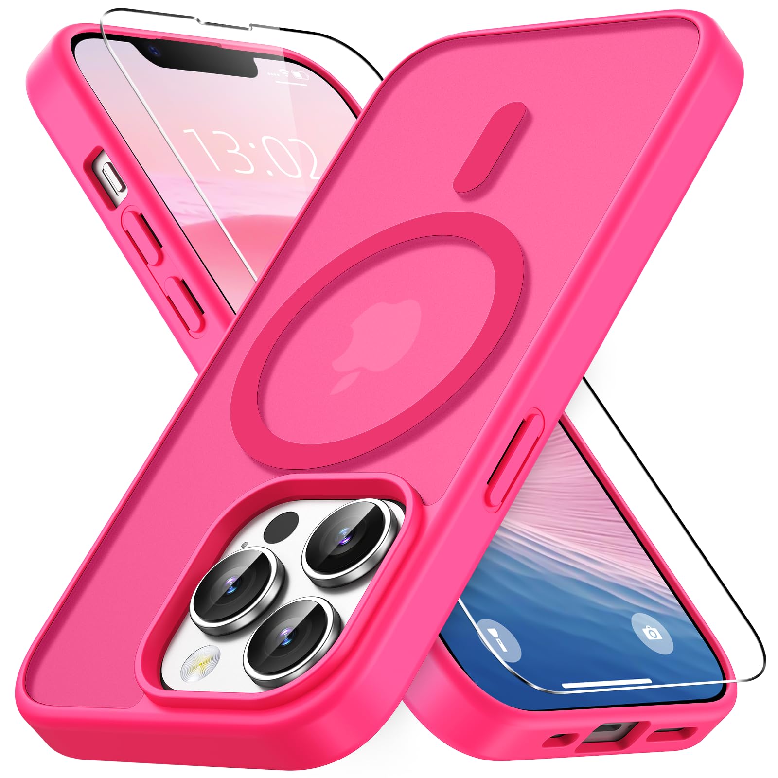 Vansdon Cover Magnetica per iPhone 13 Pro con 1 Pezzi Vetro Temperato, Compatibile con Magsafe, Protezione anticaduta di livello militare, Custodia Traslucida Opaca Sottile Antiurto-Rosa shocking