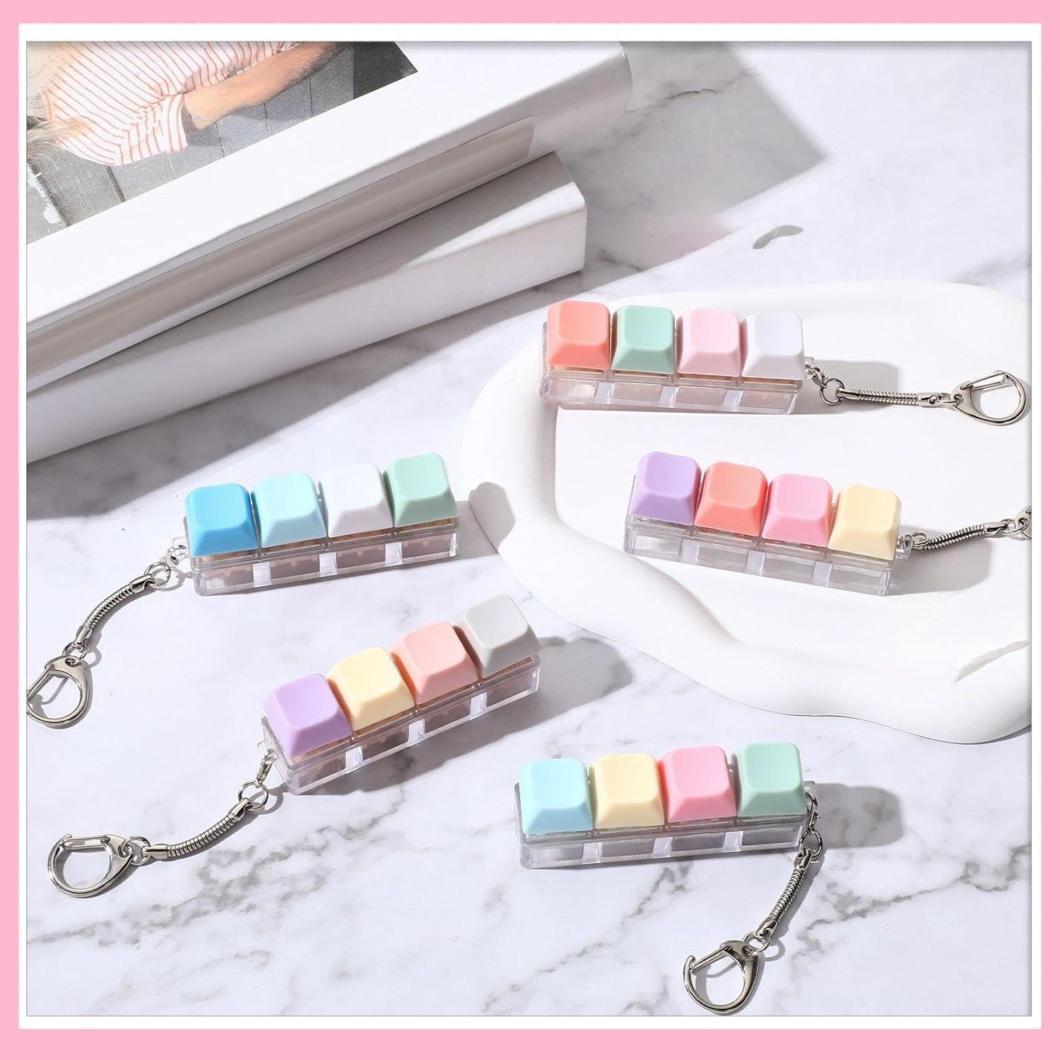 VioraWhite 16 Pcs Keyboard Fidget Keychain Fidget Keyboard Clicker Stress Relief Decompression Button Finger Clicker for Office Home Gifts Adults, 8 Clicky and 8 Silent(Macaron Color,4 Key)