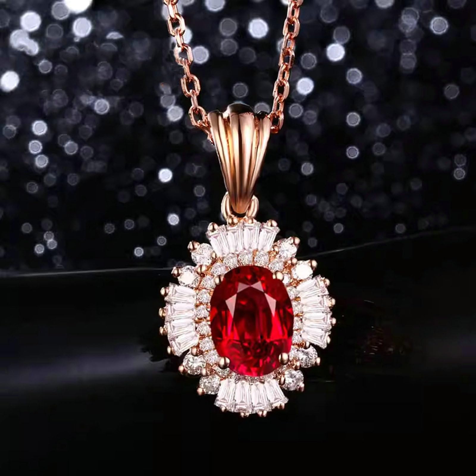 Collar con colgante para mujer de oro rosa 750 585 375, colgante de lujo flor con rubí de 1 ct y diamante de 0,33 ct oro rosa cadena mujer 45 cm sin níquel