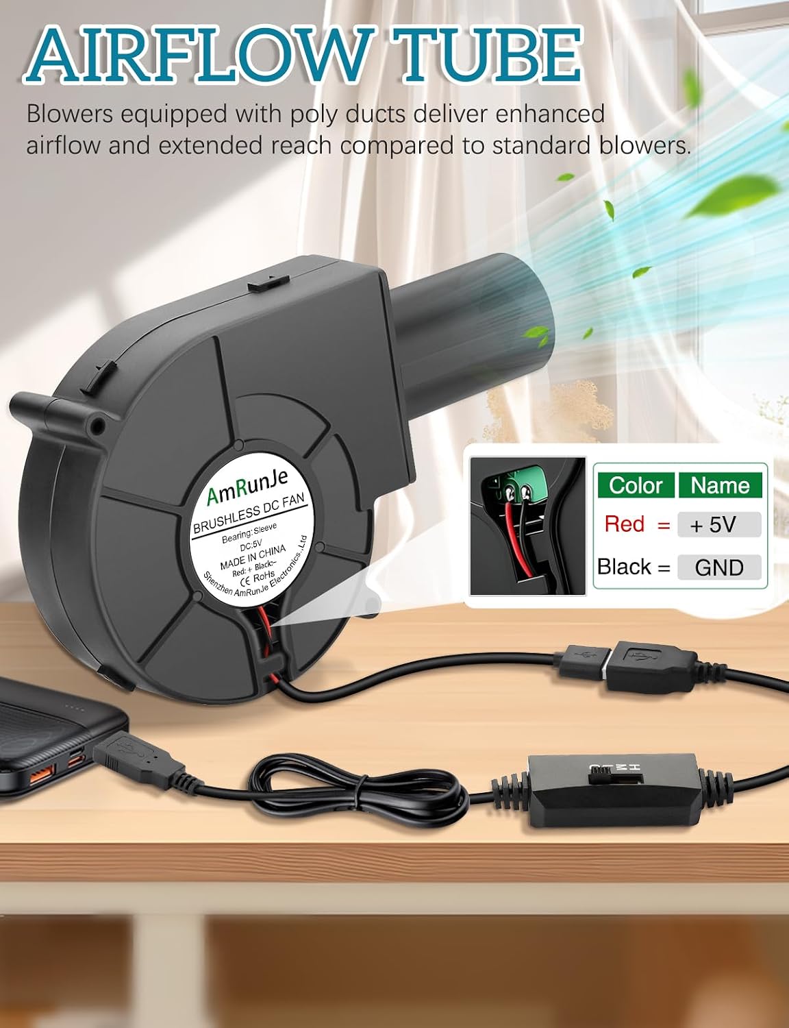 USB Blower Fan 97mm x 33mm 5V Cooling DC Brushless Centrifugal Fan with Tube 3 Speed for Electronics Computer 3D Printer Receiver Cabinet