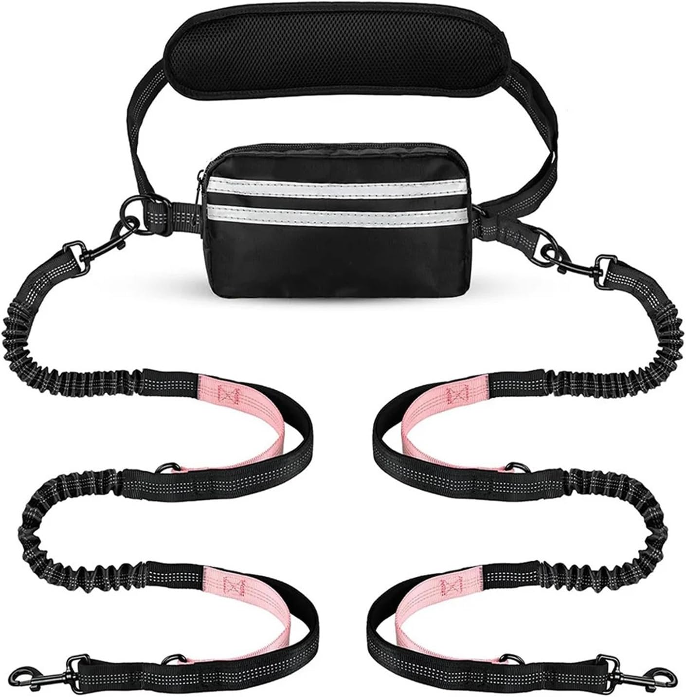Hands Free Dual Dog Leash with Pouch Compatible with Medium & Large Dogs - Crossbody & Waist Compatible with Walking - No Pull, Tangle Free(Pink)