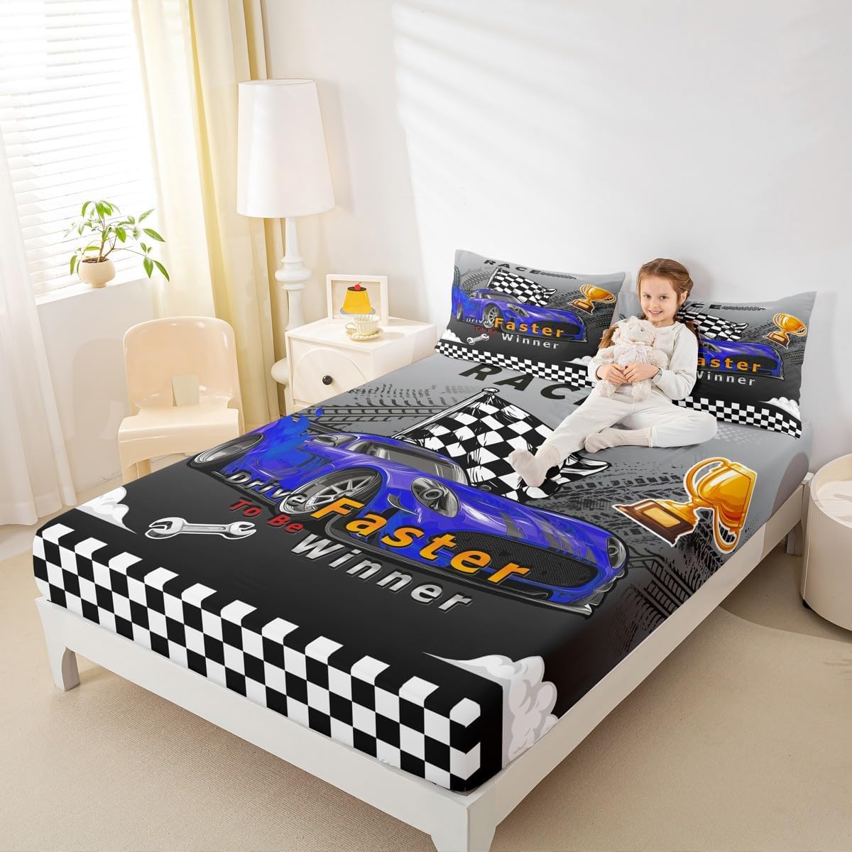 Blue Racing Car Fitted Sheet Full Size,Race Gaming Bedding Sets 3Pcs for Kids Boys Men Teens Room Decor,Extreme Sports Competition Bed Sheet Modern Grey Deep Pocket Sheets,2 Pillowcases