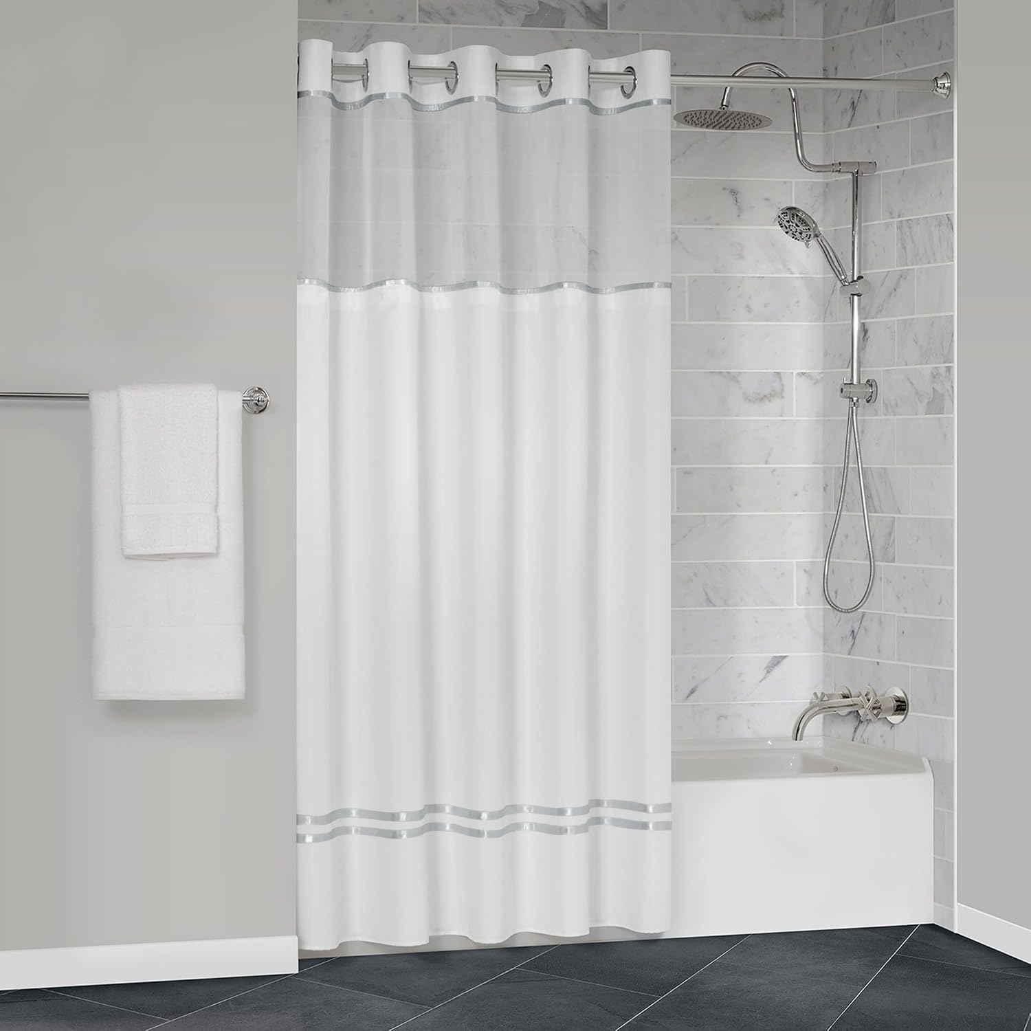 Manchester Mills Protect360° Satin Silver Ribbon Hook Free Shower Curtain - Microban Product Protection, Water Repellent, Snap-On Liner, Hems with Magnets, 72"X72", White