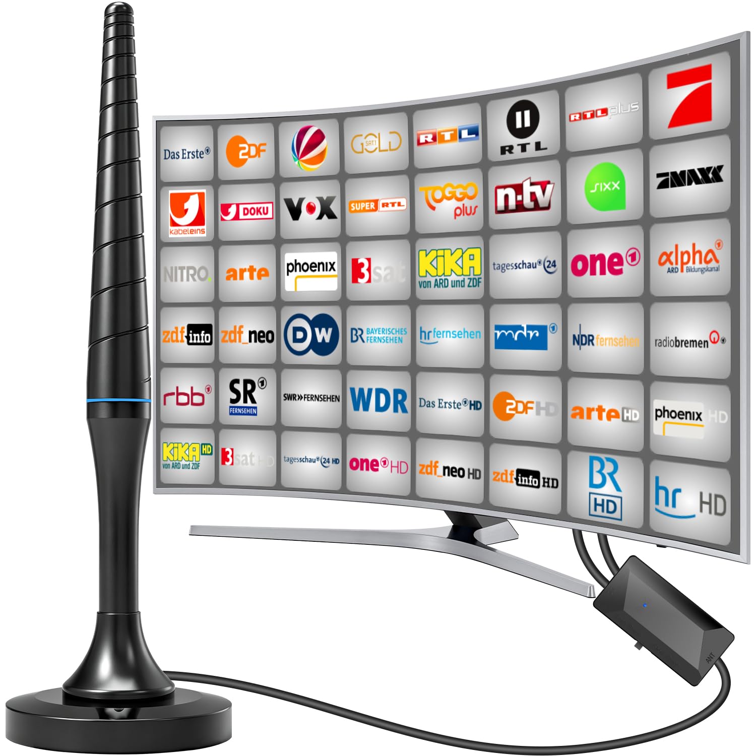 DVB-T/DVB-T2 Antenne mit Verstärker, 360° Empfang & Großer Reichweite, Innen TV Antenne mit Magnetfuß & 5M Koaxialkabel, Unterstützt 4K 1080P DAB/UHF/VHF, Kompatibel mit Allen Fernsehern