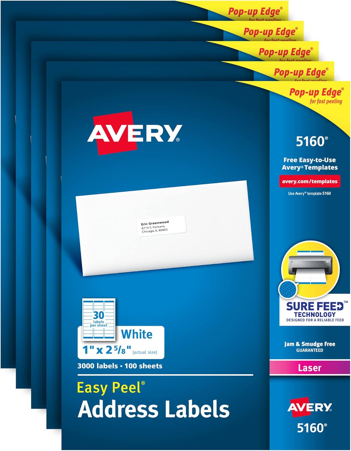 Avery Mailing Address Labels, Laser Printers, 15,000 Labels, 1 x 2-5/8,  Permanent Adhesive, FBA Labels (5 Packs 5160)