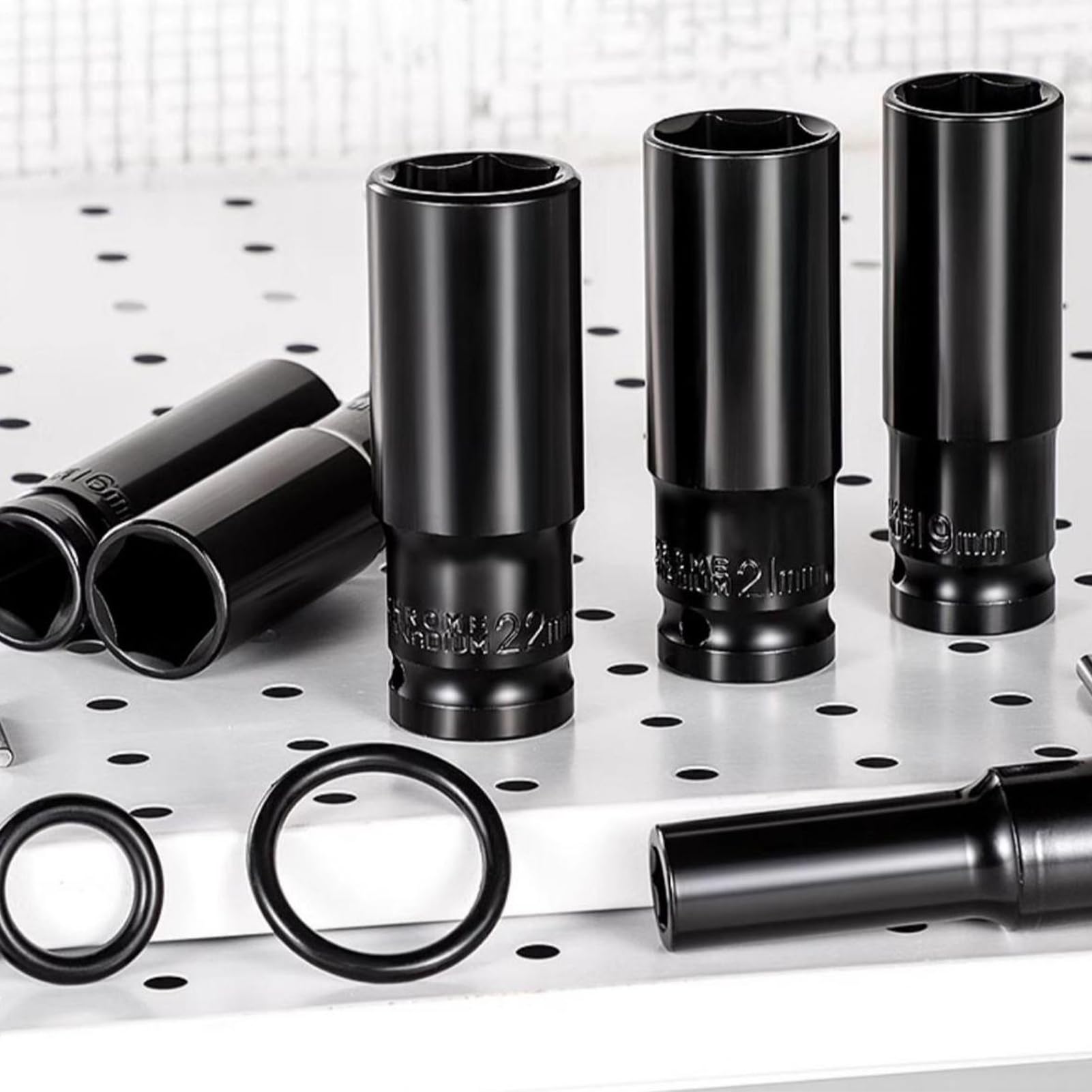 Set bussole lunghe completo Adattatore, Estrattore E Prolunga | Set bussole standard completo 26 Pezzi Metrico 6 Punti 10-24 mm Attacco 1/2 Acciaio Legato Finitura Fosfato Nero Per