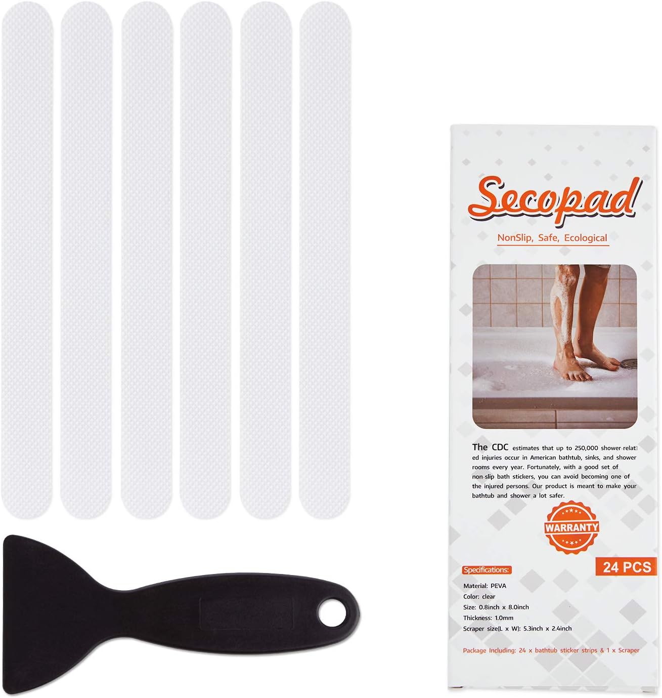 Secopad 24 x Bath Non-Slip Adhesive Strips with Scraper - Premium Quality (White)