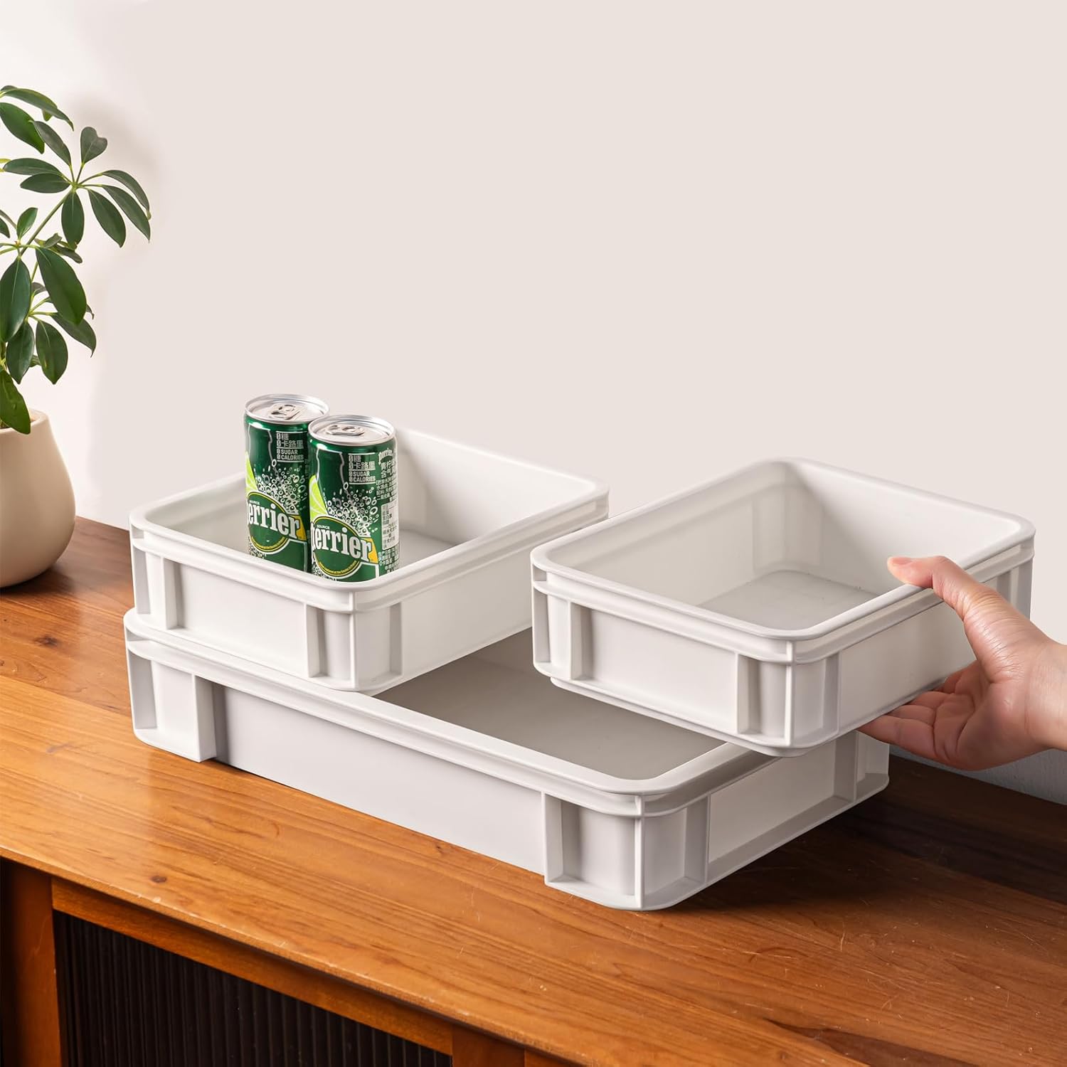 YUNGSHY Plastic Storage Bins, Straught Wall Handled Storage container Tote ,Space-Saving Stackable Bins for Shevels Garage, Pantry, Craft Organization (Light Gray, 4S+4L)