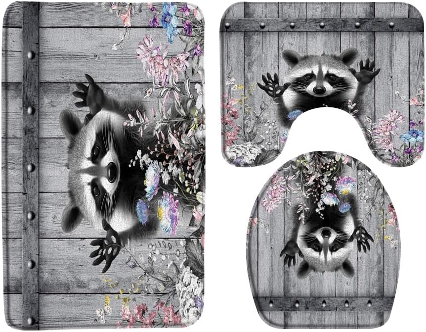 3 Pcs Raccoon Bath Mat Cute Wild Animal Rustic Floral Farmhouse Barn Door Grey Memory Foam Soft Doormat Kitchen Bathroom Mat/Rugs, 18x30 Inch and U-Shaped Mat and Toilet Lid