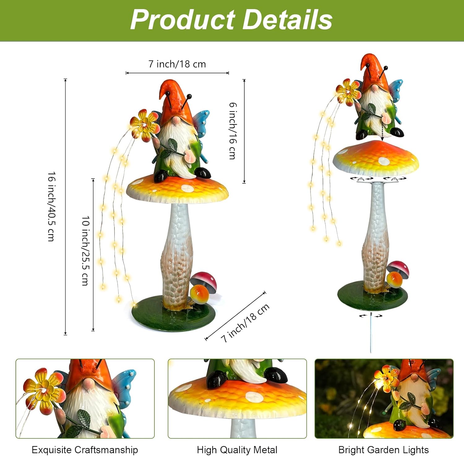 Solar Garden Gnome Figurine, Waterproof Outdoor Mushroom Decor with Solar Outdoor Lights for Yard, Patio, Lawn Ornaments, Ideal Gifts for Mom Grandma Women, Housewarming Gifts-16.5" - Image 5