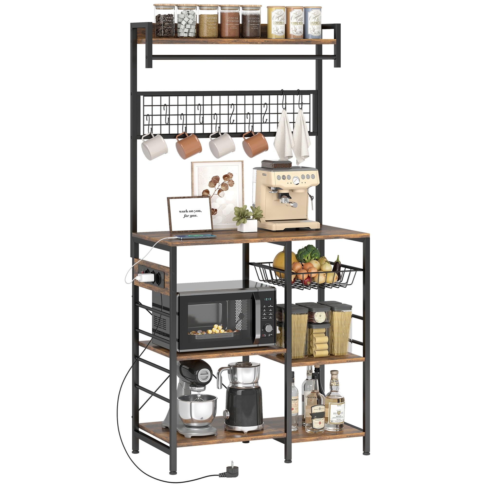 HOMCOM Estantería de Cocina con Tres Enchufes y Luces LED, Estantería de Panadería Industrial con Estantes para Microondas, Cesta de Malla Metálica, 10 Ganchos, Barra 80x42x162 cm, Marrón Rústico