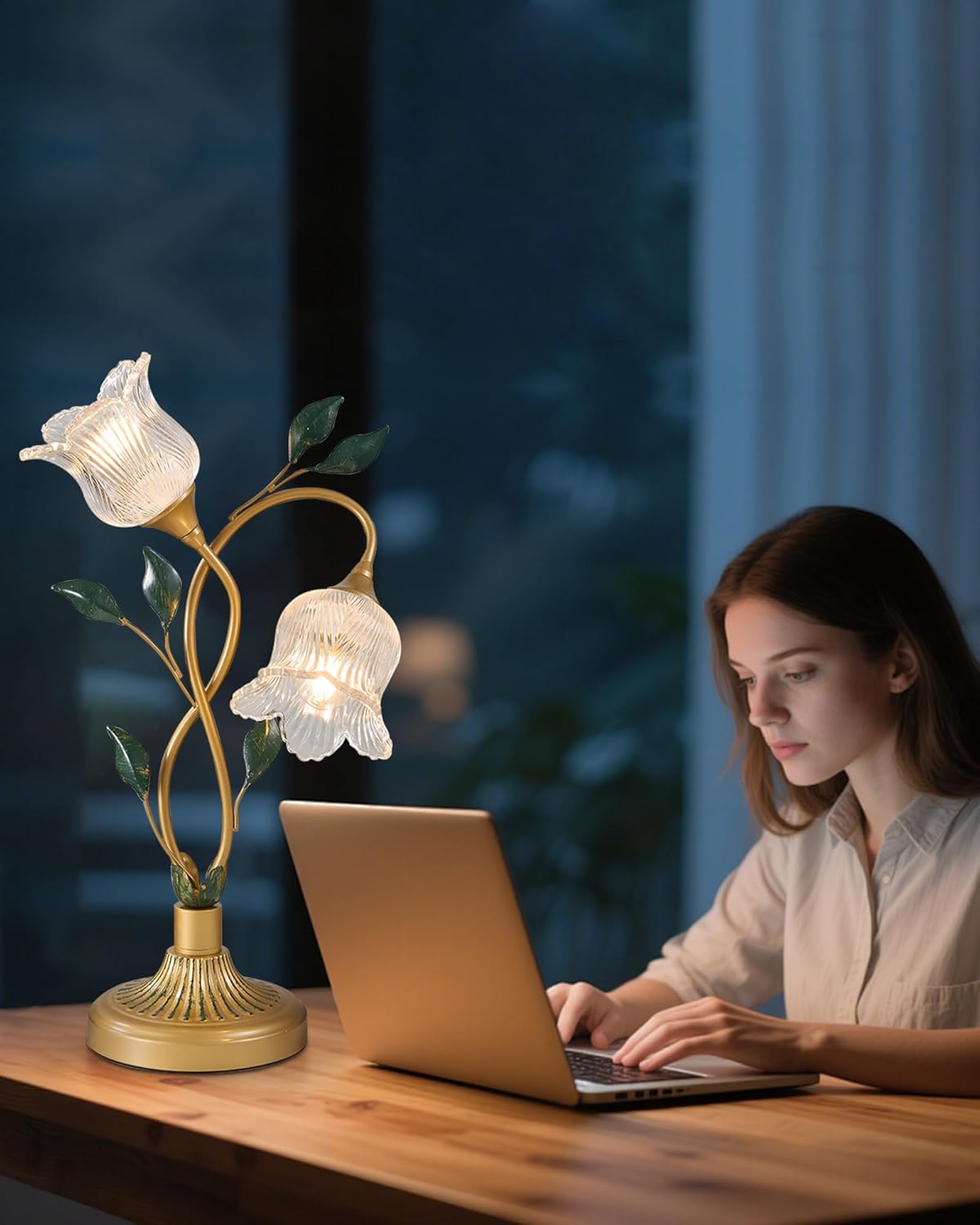 Pretty Lily Desk Lamp, Cute Vintage Retro Small Table Light with Flower & Leaf Design, Unique Decorative Brass Bedside Light for Desktop, Nightstand - Perfect Aesthetic Gift for Women, Girls