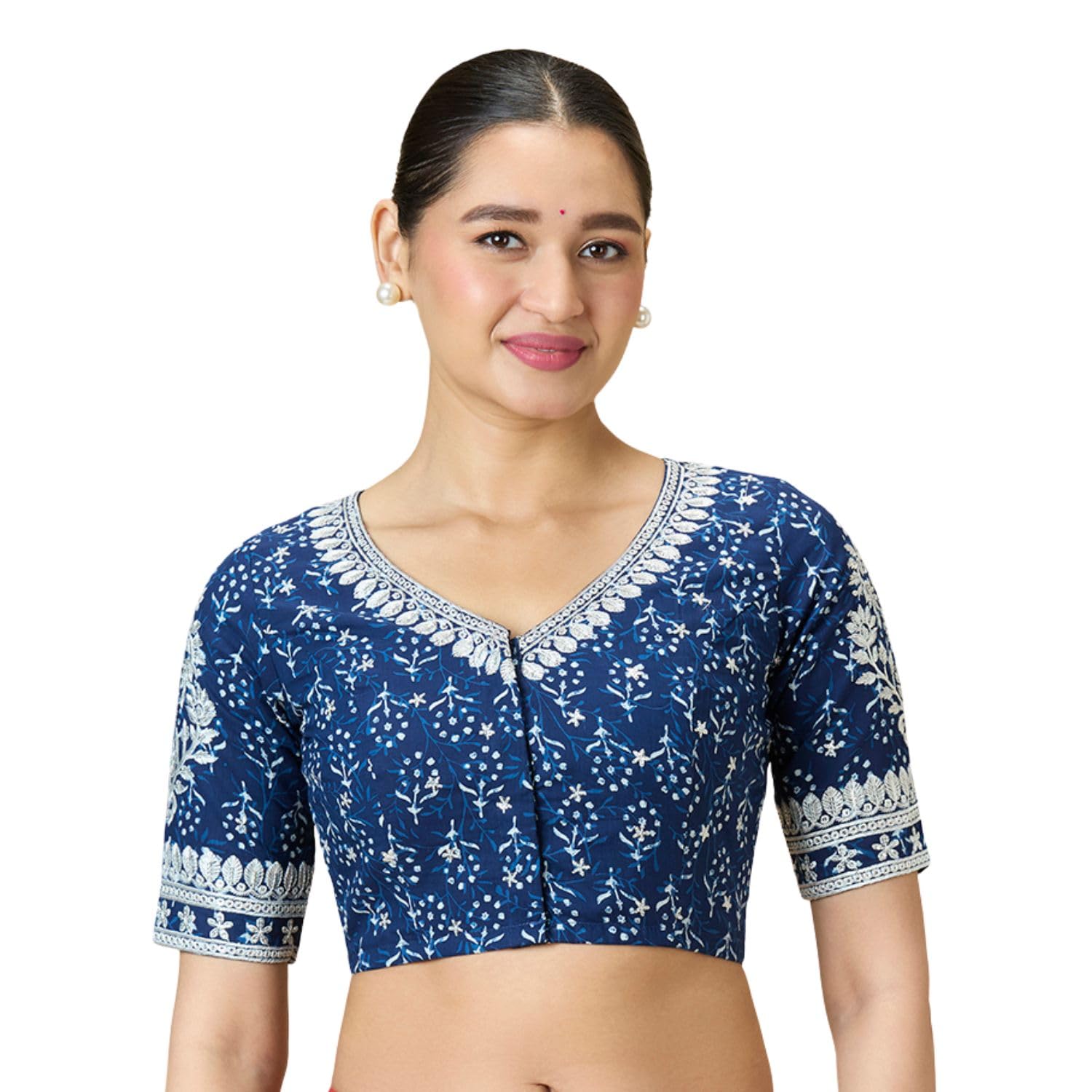 studio shringaar Women's Indigo Blue Cotton Block Printed V Neck Saree Blouse with Off-White Chikankari Embroidery-picture-32