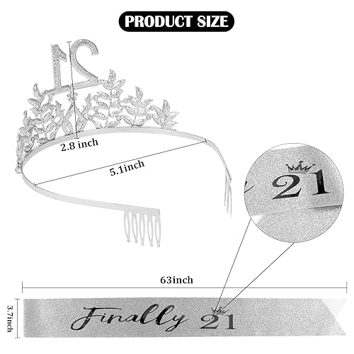 Miniatura 8 de Banda y tiara plateada de 21 cumpleaños para ella, decoraciones de cumpleaños 21 para ella, regalos de cumpleaños 21 para ella, banda de cumpleaños