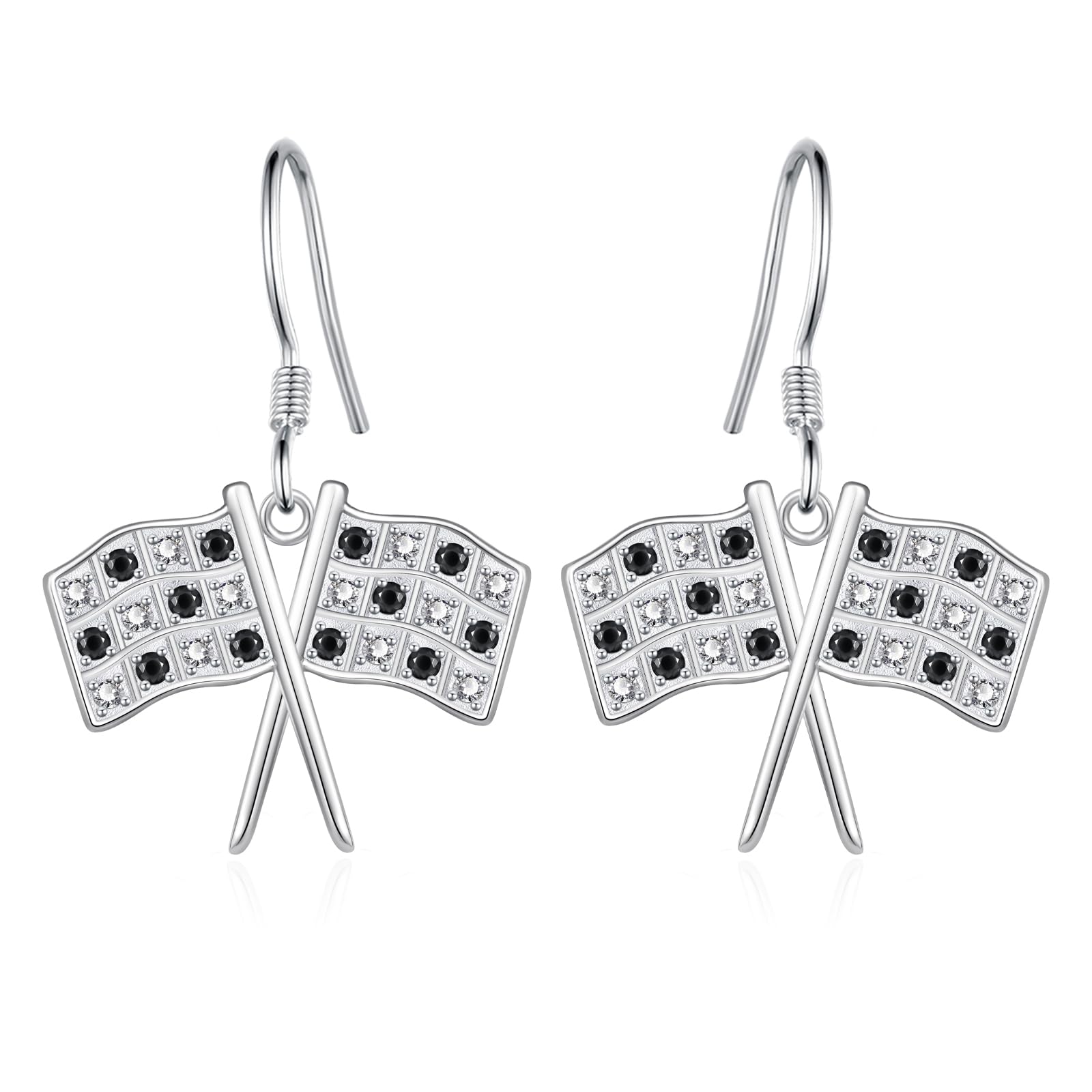 qielizhu Racing Flag Earrings 925 Sterling Silver Black and White Checkered Flag Dangle Earrings for Racers and Racing Fans