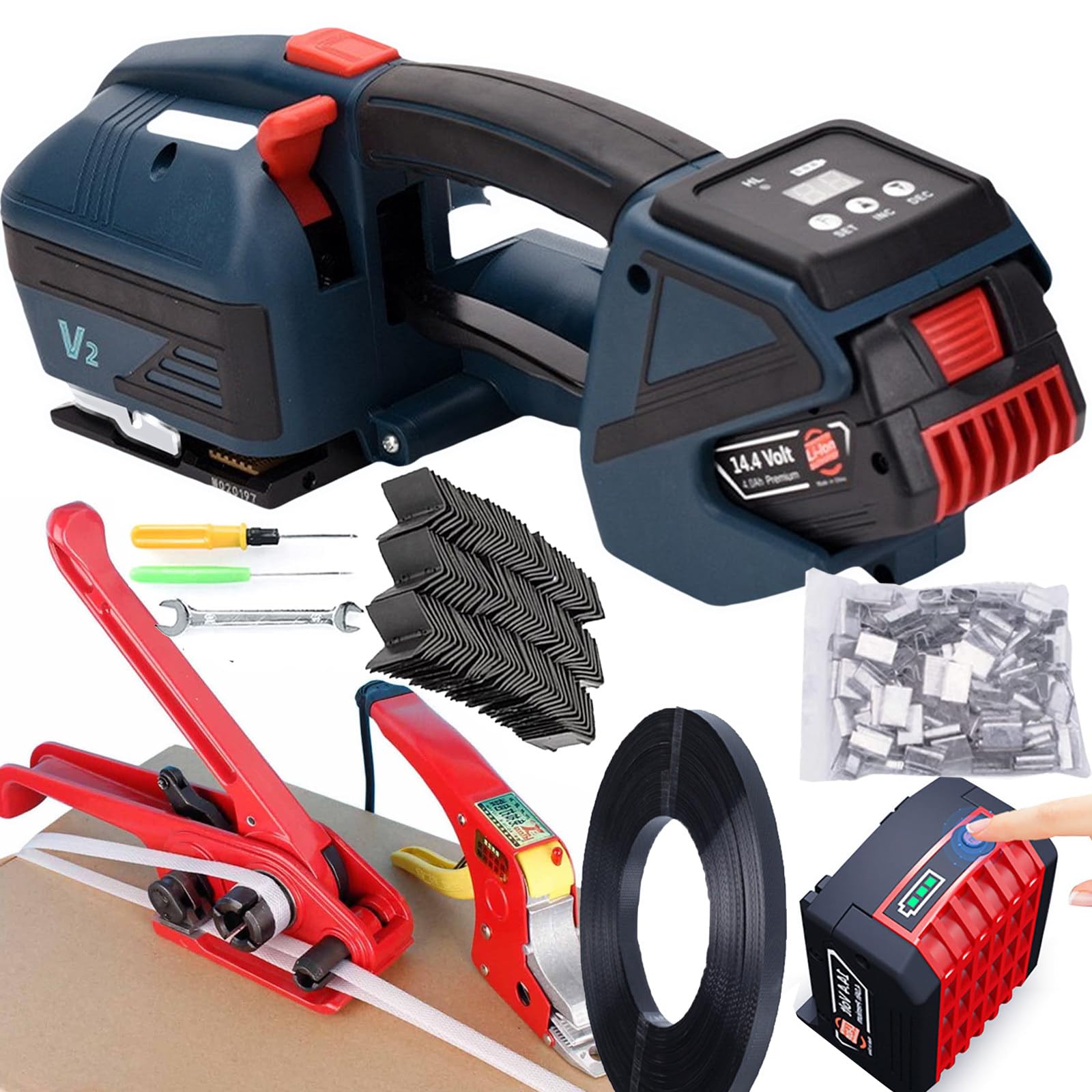 Reggiatrice Elettrica + Sigillatore Per Reggia Sigilli Termofusibili+100 *Angoli Protettivi+200*Clip Di Chiusura -Per Reggette Pet/Pp 13-16mm,Reggiatrice Automatica A Batteria 2*4000 Mah,Blue
