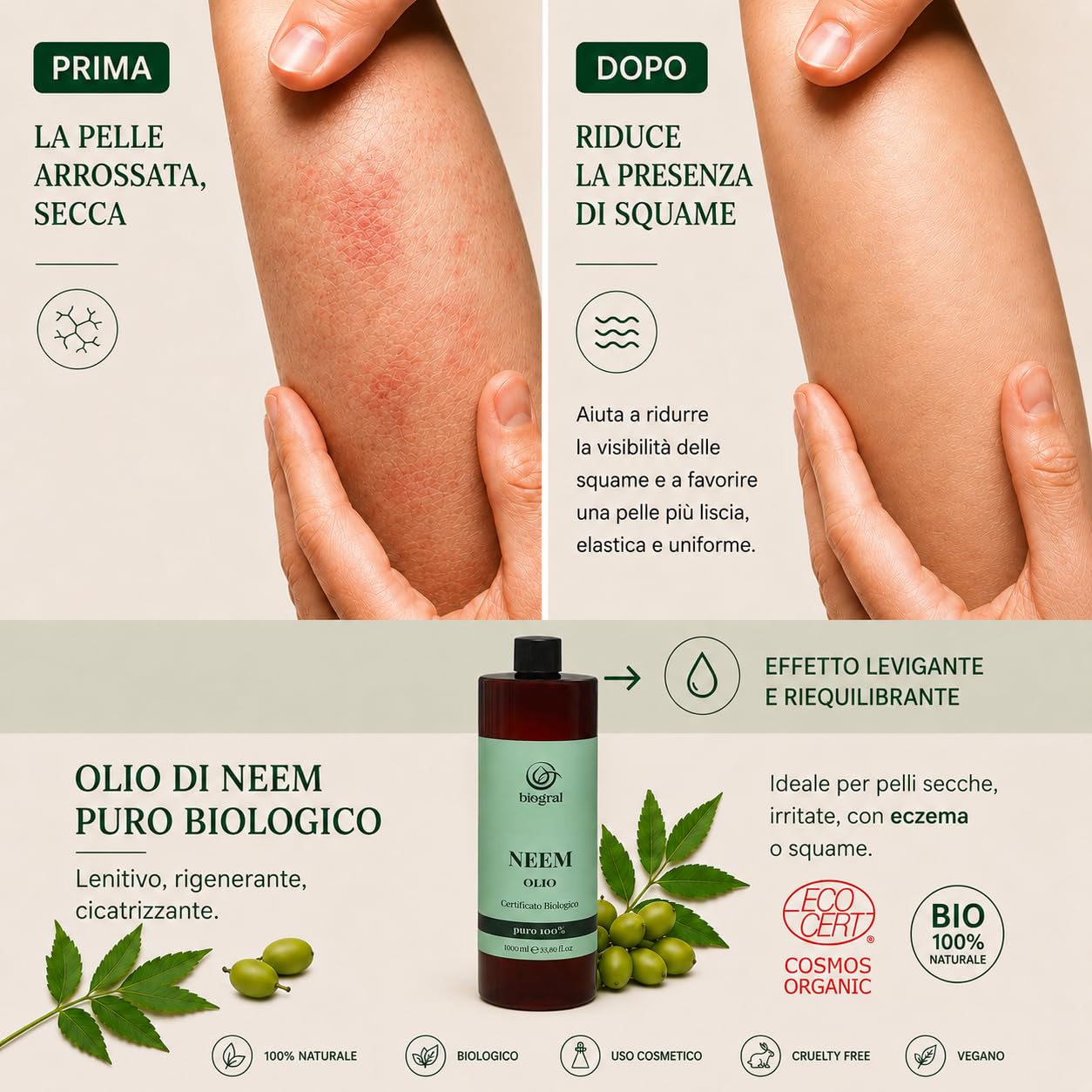 Olio di Neem per Persone 1 Litro per Pelle, Capelli e Unghie Olio di Neem Puro Spremuto a Freddo e Filtrato al Carbonio Certificato ECOCERT e BIOCERTITALIA Argan Italia