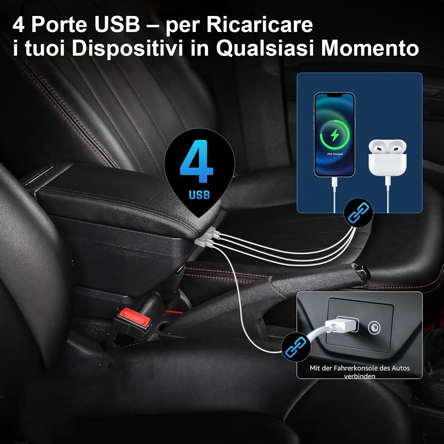 Scatola portaoggetti per bracciolo per Kia Rio 2018 2019 2020 2021 2022 con portabicchieri, scatola portaoggetti per console centrale a doppio strato, accessori per bracciolo neri (4 USB neri con cavo