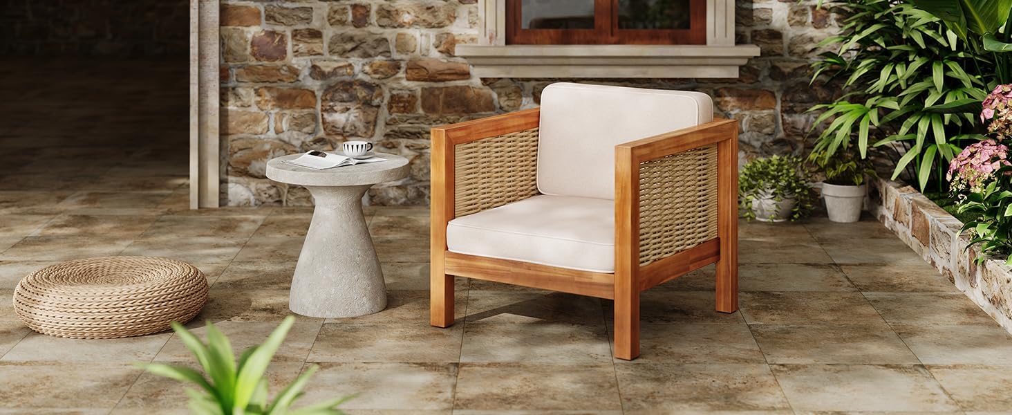 Outdoor Club Chair Set of 2 — Acacia Wood Frame, Wicker Armrests & Beige Cushions, 400 lbs Capacity, for Patio Garden Backyard