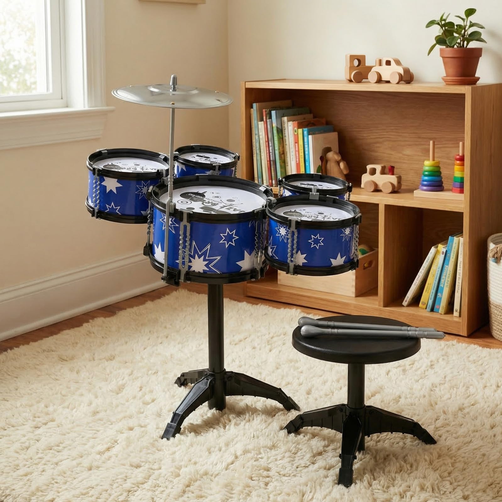 SUPVOX Set di Batteria 5 Tamburi in Plastica per Bambini 21 Pollici Strumenti Musicali Percussioni Sgabello e Bacchette , Gioco Educativo per Bambini Piccoli